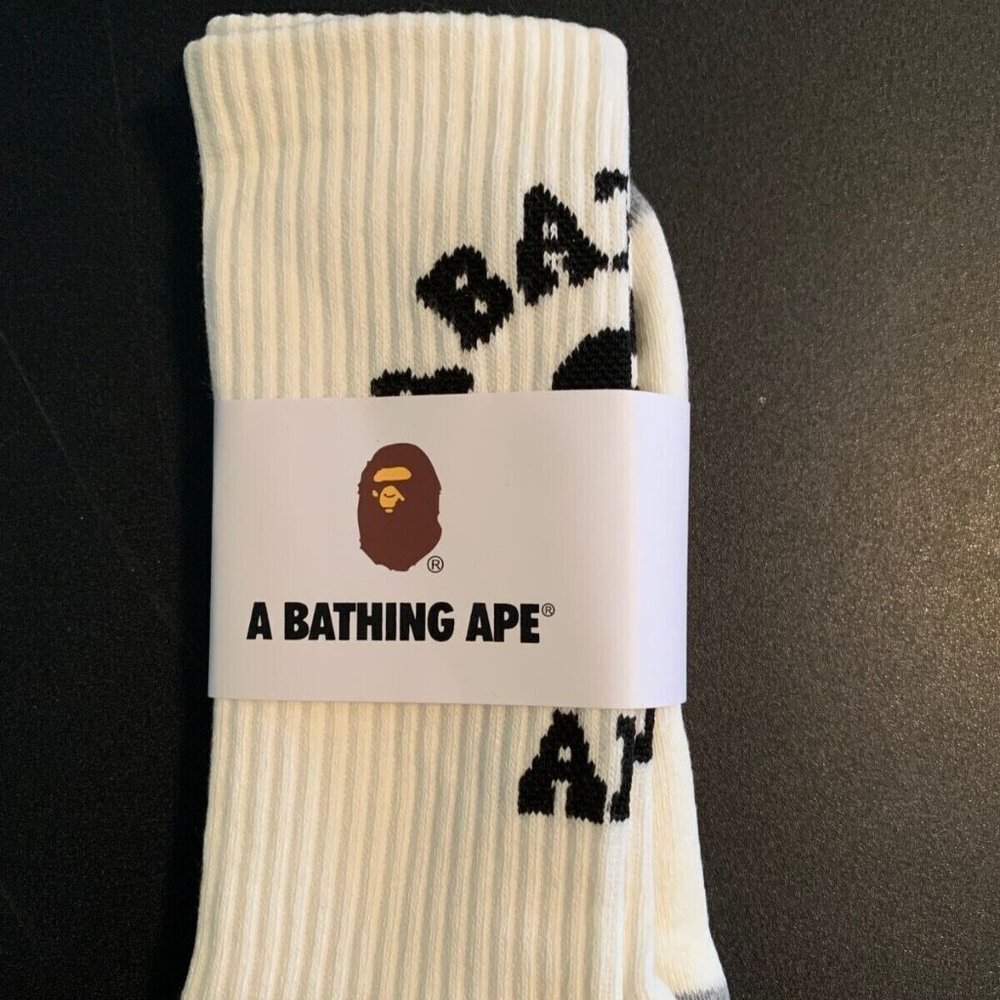 BAPE A Bathing Ape Crew Socks - Black White & Gray Classic Logo